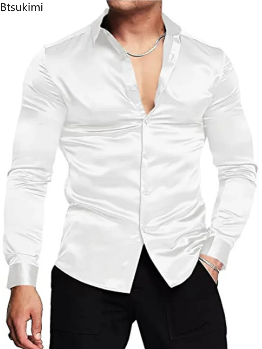 Nouveau 2026 hommes luxueux br - Mens Satin Silk Dress Shirt avis et prix